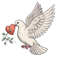 Obraz premium White Dove with Heart and Branch, Cartoon Illustration, Isolated on Transparent Background, bird, love, peace