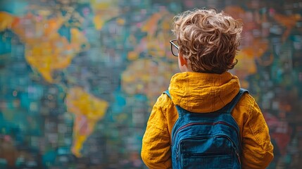 Fototapeta na wymiar Curious child exploring a vibrant world map with a backpack
