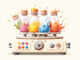 Vibrant colorful paint splashes in glass jars on vintage electric paint mixer with control knobs and swirling pigments