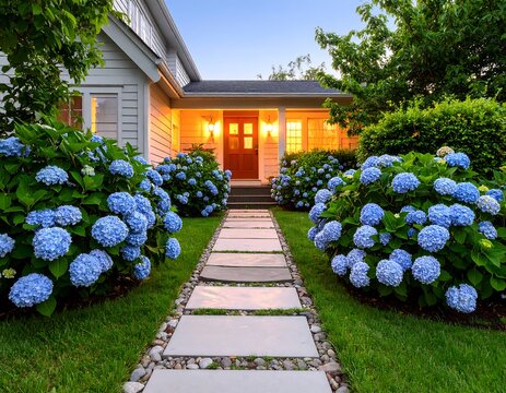 Home exterior at dusk with landscaping