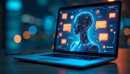 Futuristic Laptop Displaying Artificial Intelligence Concept with Chat Icons