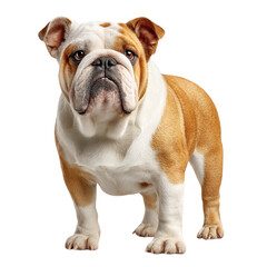 Obraz premium Bulldog stands with soft lighting, its white and tan fur detailed. Perfect for pet product staging, or social media design.