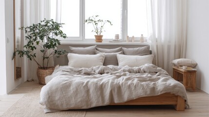 Naklejka premium Scandinavian bedroom interior, soft neutral tones, wooden bed frame, linen bedding, natural light, minimalist decor, cozy atmosphere 