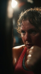 Sweaty overweight woman trains hard with focused determination