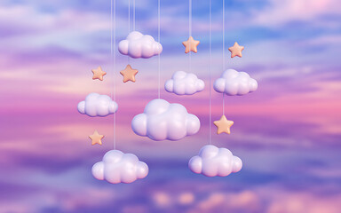 Cute pastel clouds and stars mobile hanging against soft sky