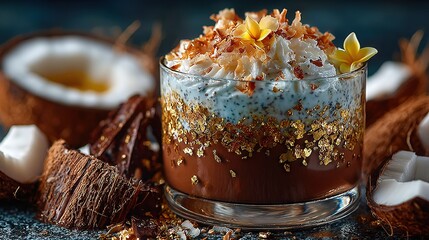   Close-up of dessert in glass, table, coconuts, food items