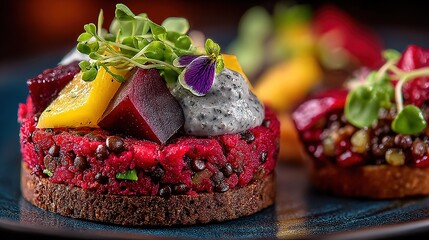   A close-up of a plate filled with colorful fruits and vegetables, topped by a beautiful purple flower