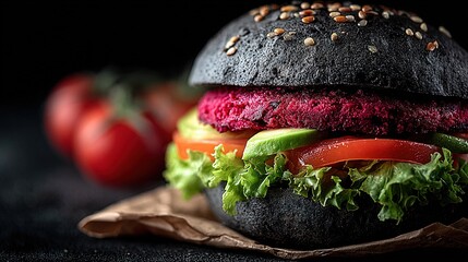   A toasted sandwich with fresh lettuce, juicy tomatoes, and creamy avocado on a brown paper bag