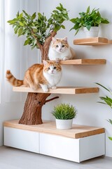 A couple of cats sitting on top of a wooden shelf next to a tree