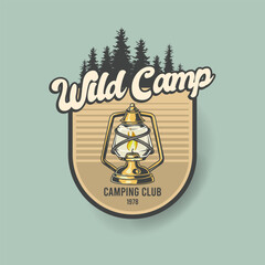 Vintage wild camp badge with lantern