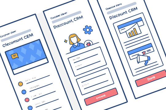 Three angled crm interface designs with various layouts and graphical elements in a clean presentation