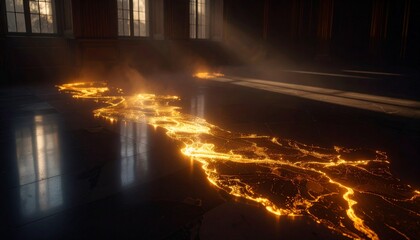 Surreal concept of a fiery lava stream flowing through a dark, empty hall, illuminated by ethereal light.