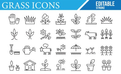 Vector Icons for Grass, Flowers, and Gardening Tools for Landscaping Use

