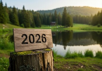 A wooden sign engraved with 2026 rests on a tree stump in nature