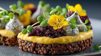   A close-up of a dessert on a plate, featuring flowers on top of the cake and the rest of the dessert below