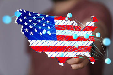 Digital illustration of the United States map with network connections. Ideal for technology, connectivity, and American business concepts.