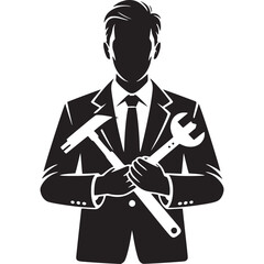 A silhouette of a man in a suit holding a hammer and wrench in a black and white illustration style on transparent background