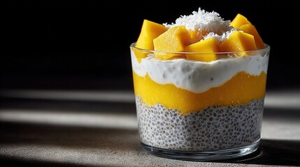   A close-up of a dessert in a glass on a table with a person's shadow in the background