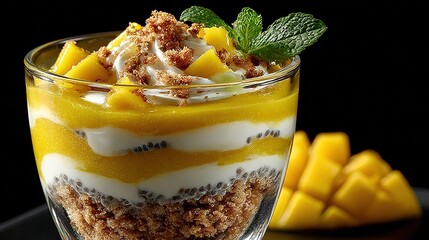   A close-up of a dessert in a glass on a table with nearby mangoes