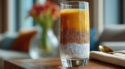   A glass containing liquid rests on a wooden table beside a vase featuring a blooming flower