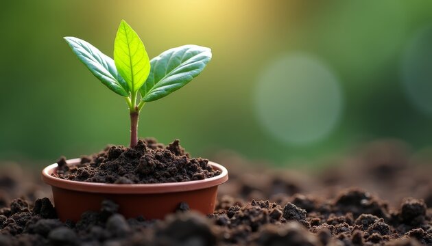 Green Seedling Growing in Brown Soil with Natural Background Light - Powered by Adobe