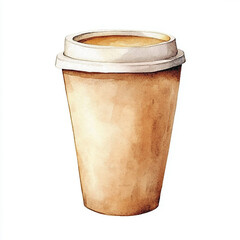 Watercolor beige paper cup of coffee. Isolated on white background. Aromatic drink for design