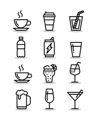 Diverse Drink Vector Icon Set Featuring Coffee, Soda, Water, and Cocktails for Beverage and Refreshment Designs
