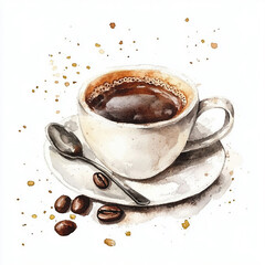 Watercolor white cup of coffee. Isolated on white background. Aromatic drink for design