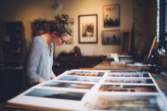 Woman reviewing printed photography collection - Powered by Adobe