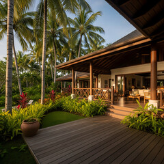 Fototapeta premium Tropical Villa with Wooden Veranda and Lush Garden at Golden Hour