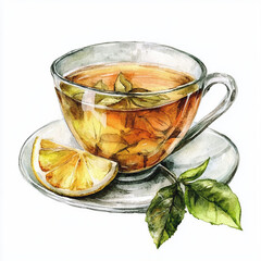 Watercolor glass cup of tea with lemon. Isolated on white background. Aromatic drink for design