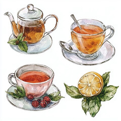 Watercolor glass cup of tea with lemon. Isolated on white background. Aromatic drink for design