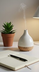 Modern workspace with aromatherapy diffuser and plant for relaxation