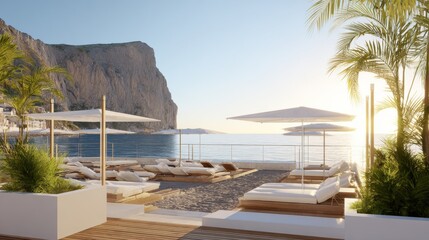 Fototapeta premium Luxury beach club in Sicily with white sun loungers under palm trees at sunset, clear blue sky, golden light, lush vegetation, scenic cliffs, and tranquil seashore viewed on a bright sunny summer day