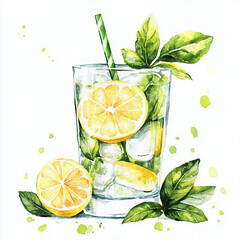 Watercolor lemonade with leaves on white background. Botanical clipart with citrus fruits for design