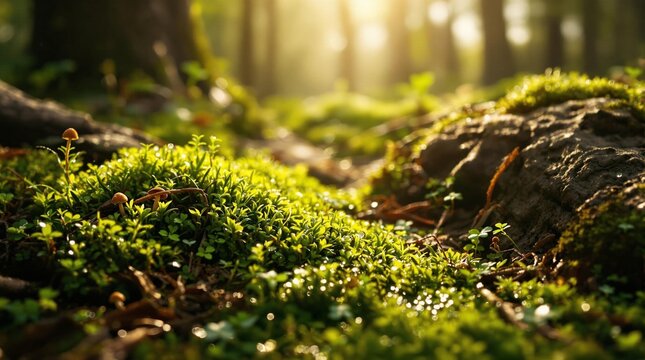 An ultra-detailed 4K macro view of a damp forest floor covered in vibrant green moss - Powered by Adobe