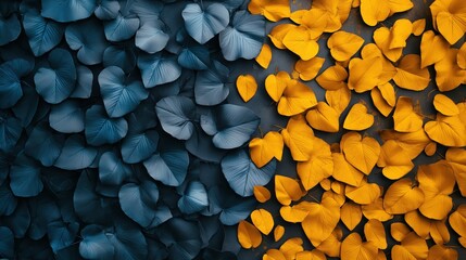 Blue and yellow leaves form a vivid split pattern, symbolizing contrast and balance