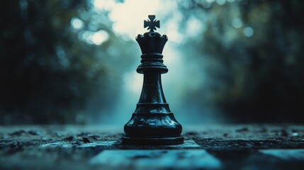 A black queen chess piece stands alone on an outdoor board, evoking strategy and mystery