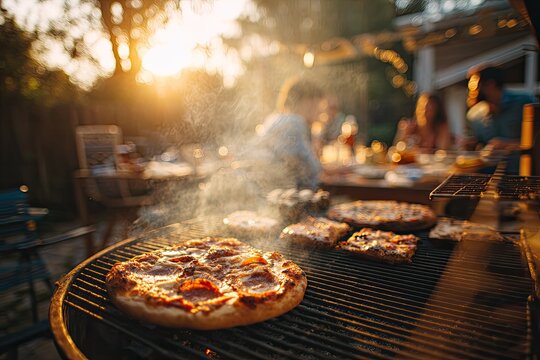 Backyard pizza party at sunset