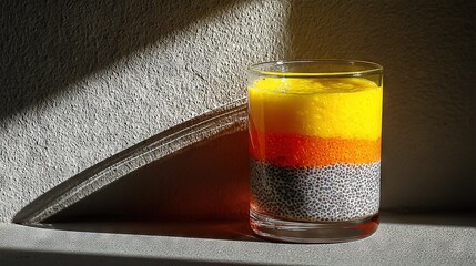   Glass filled with liquid on table, person shadow on nearby wall