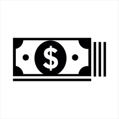 Black and white icon of a dollar bill with a dollar sign and stacked bills money currency