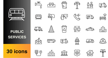 Public services icons set in black outline design