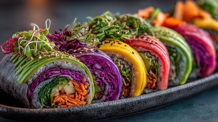   Close-up photo of a colorful plate filled with vegetables and various sauces