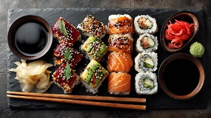   Sushi platter served with chopsticks, wasabi, and a side dish of miso soup