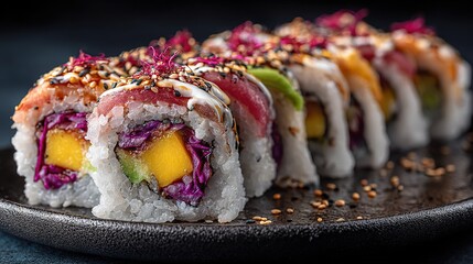   Close-up sushi on a plate with sushi in the background