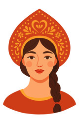 Traditional Russian woman in red kokoshnik with braid and folk ornament