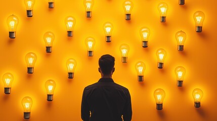 Person stands before a wall of glowing bulbs, symbolizing inspiration and creative thought