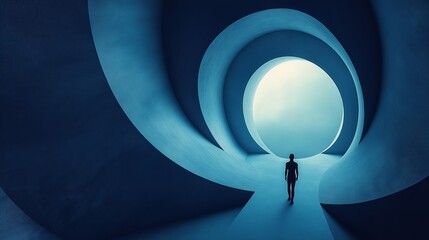 Silhouette walks through a spiraling blue tunnel toward a glowing circular light