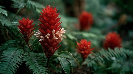   A close-up of a plant with red flowers in the foreground and green leaves in the background
