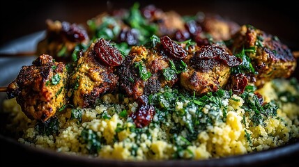   A plate of close-up broccoli, cauliflower, and couscous